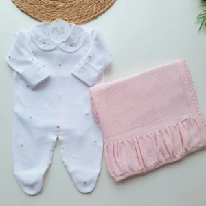 Kit Poá Relevo Colorido- Branco com Manta Drapeada Rosa